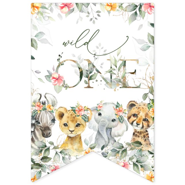 Jungle Animals, Safari, Flowers, First Birthday Bunting Flags (First Flag)