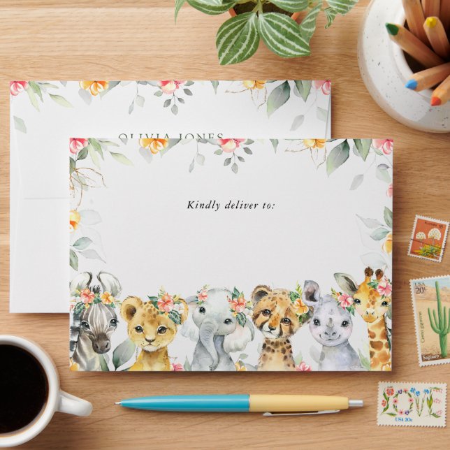 Jungle Animals, Safari, Flowers, First Birthday Envelope (Desk)
