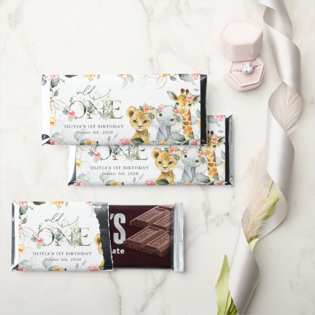 Jungle Animals, Safari, Flowers, First Birthday Hershey Bar Favors (Front)
