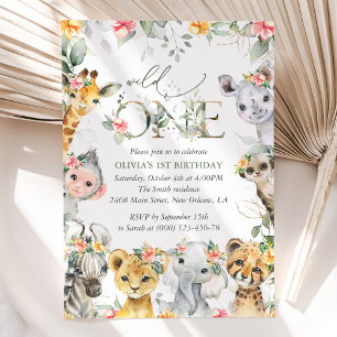 Jungle Animals, Safari, Flowers, First Birthday Invitation