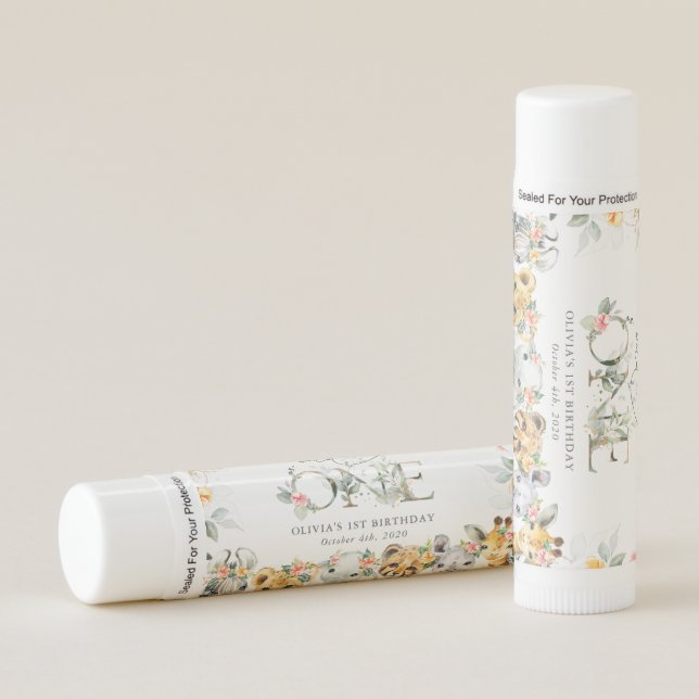 Jungle Animals, Safari, Flowers, First Birthday Lip Balm (Front)