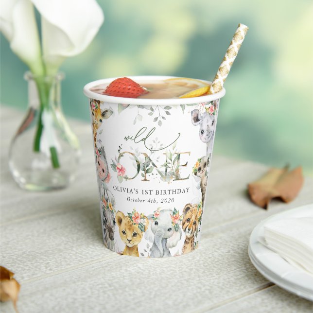 Jungle Animals, Safari, Flowers, First Birthday Paper Cups (Insitu)