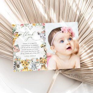 Jungle Animals, Safari, Flowers, First Birthday Thank You Card