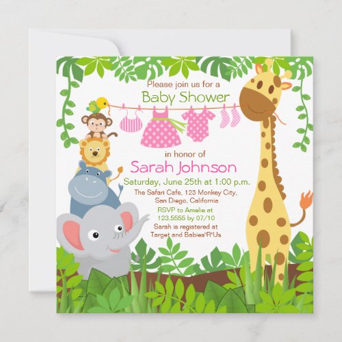Jungle Animals Safari Girl Baby Shower Invitation Personalized Invitations