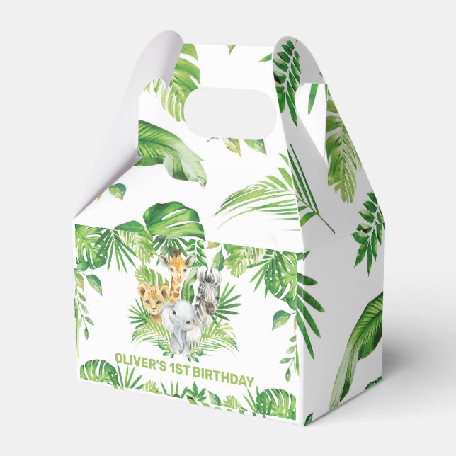 Jungle Animals Safari Greenery 1st Birthday Shower Favor Boxes (Front Side)