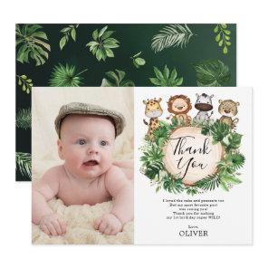 Jungle Animals Safari Greenery Birthday Photo Thank You Card