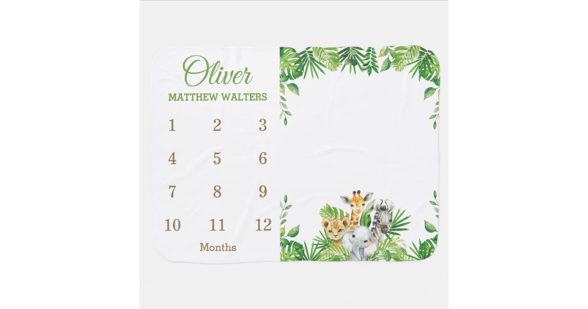 Jungle Animals Safari Greenery Monthly Milestone Baby Blanket | Zazzle