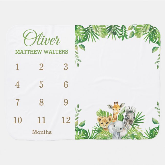Jungle Animals Safari Greenery Monthly Milestone Baby Blanket (Horizontal)
