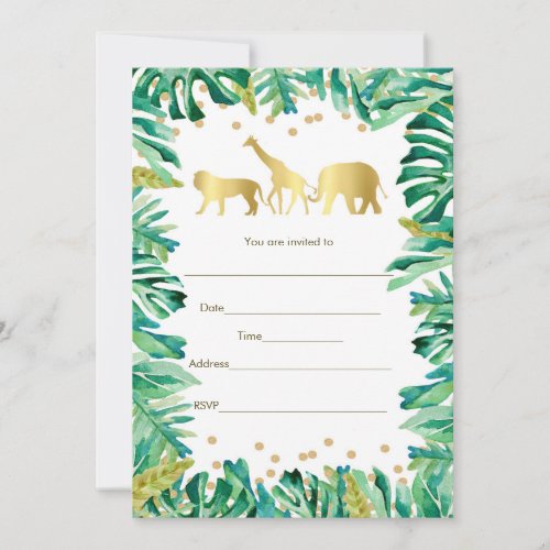 Jungle Animals Safari Invitation Fill In Gold