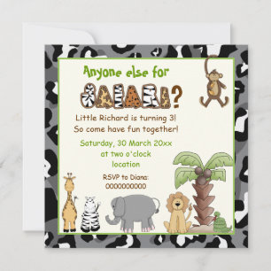 Jungle animals safari kids birthday party invitation