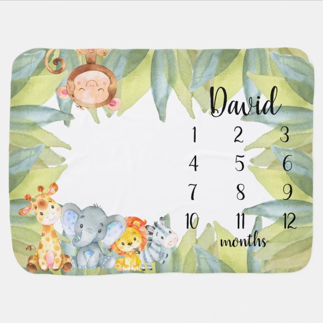 Jungle Animals Safari Monthly Milestone Baby Blanket (Horizontal)