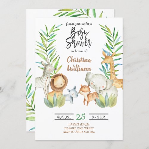 Jungle Animals Safari Neutral Baby Shower Invitation