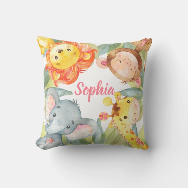 Jungle Animals Safari Nursery Baby Girl Pink Cute Throw Pillow (Front)