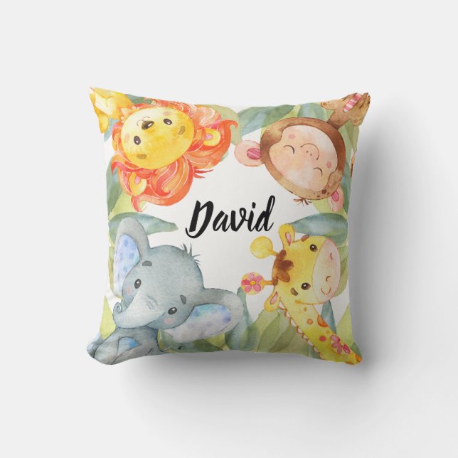 Jungle Animals Safari Nursery Decor Personalized Throw Pillow (Front)