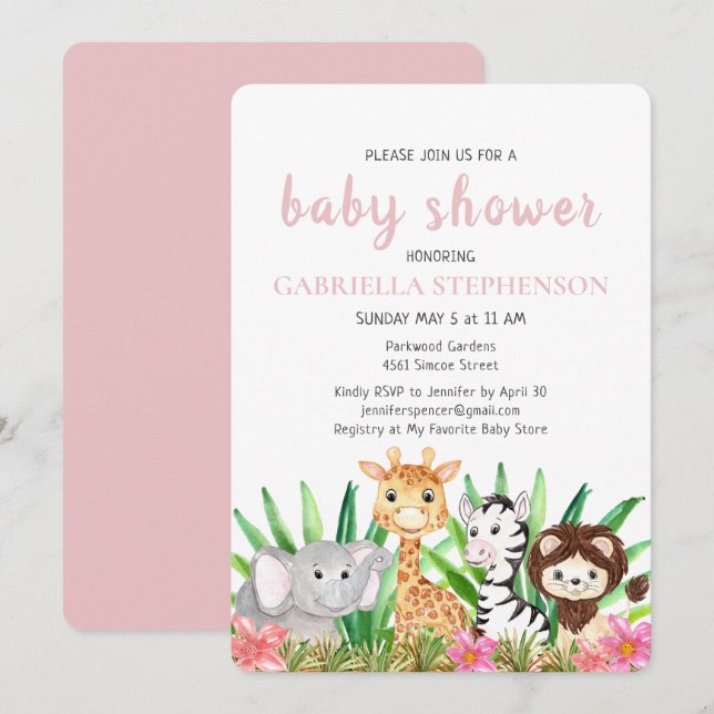 Jungle Animals Safari Pink Baby Shower Invitation (Front/Back)