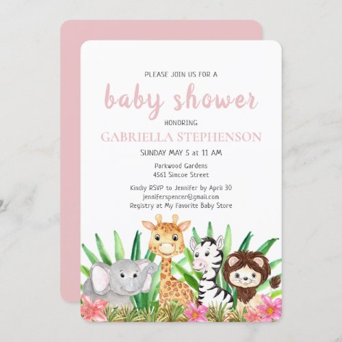Jungle Animals Safari Pink Baby Shower Invitation
