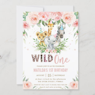 Jungle Animals Safari Pink Floral 1st Birthday Invitation