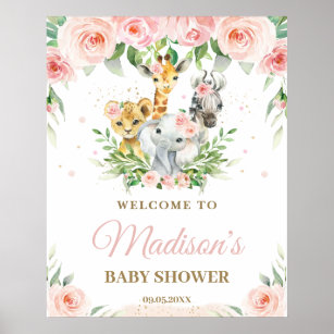 Jungle Animals Safari Pink Floral Baby Welcome  Poster