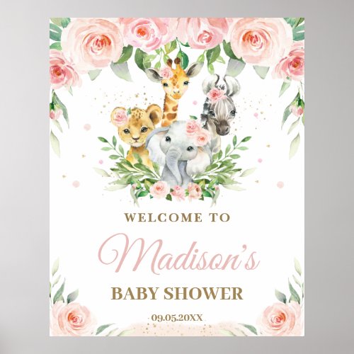 Jungle Animals Safari Pink Floral Baby Welcome  Poster
