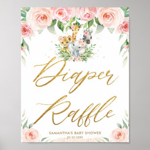 Jungle Animals Safari Pink Floral Diaper Raffle  Poster