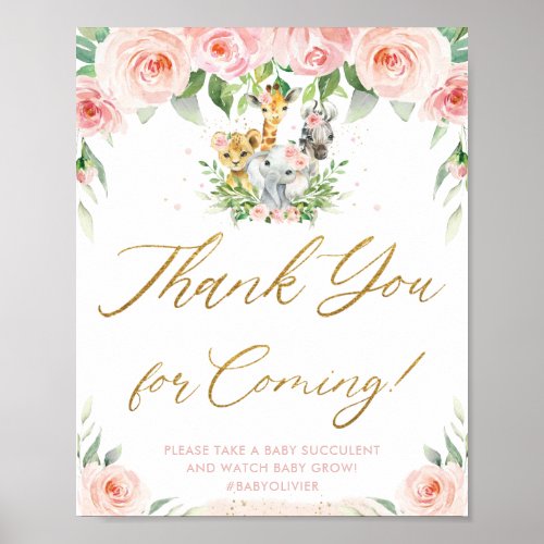 Jungle Animals Safari Pink Floral Thank You Sign