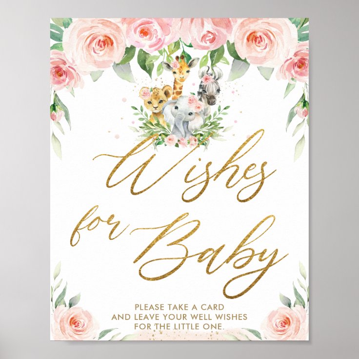 Jungle Animals Safari Pink Floral Wishes for Baby Poster | Zazzle