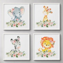 Jungle Animals, Safari, Pink Flowers, Girl Nursery