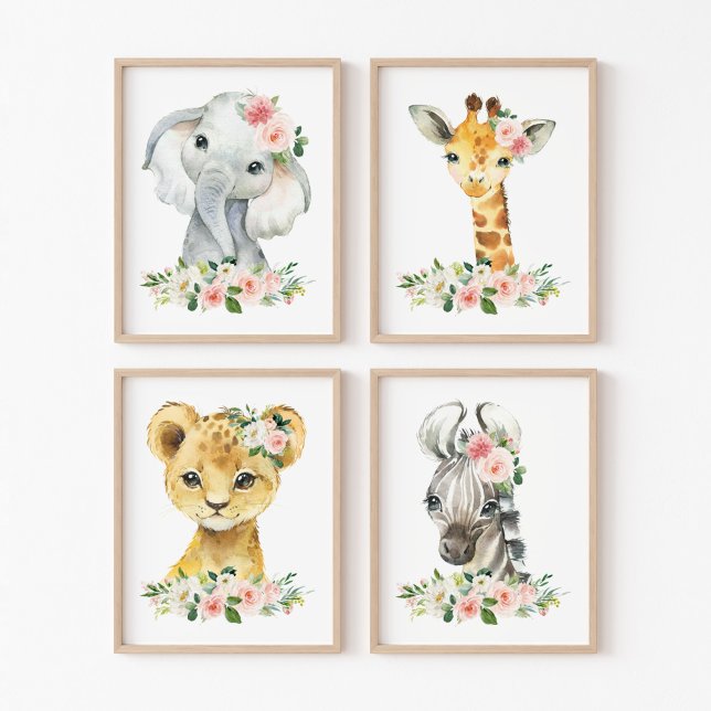 Jungle Animals, Safari, Pink Flowers, Girl Nursery Wall Art Sets (Creator Uploaded)