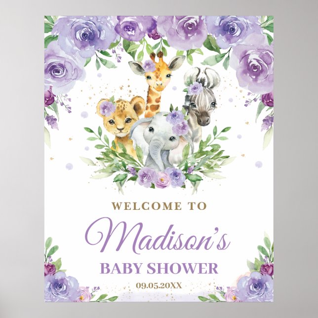 Jungle Animals Safari Purple Floral Baby Welcome   Poster (Front)