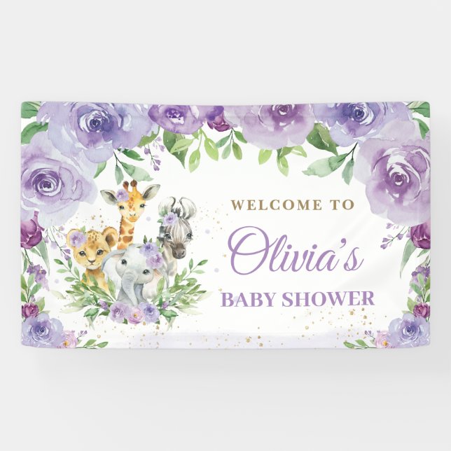 Jungle Animals Safari Purple Floral Backdrop  Banner (Horizontal)