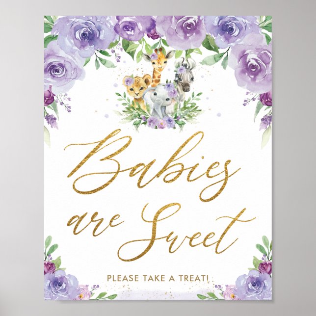 Jungle Animals Safari Purple Floral Treat Sign (Front)