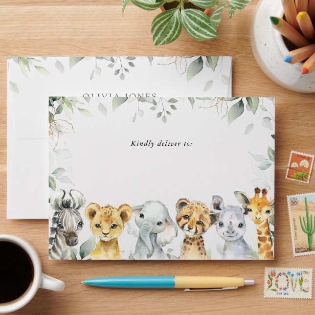 Jungle Animals, Safari, Wild One, Baby Shower Envelope (Desk)