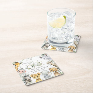 Jungle Animals, Safari, Wild One, Baby Shower Square Paper Coaster
