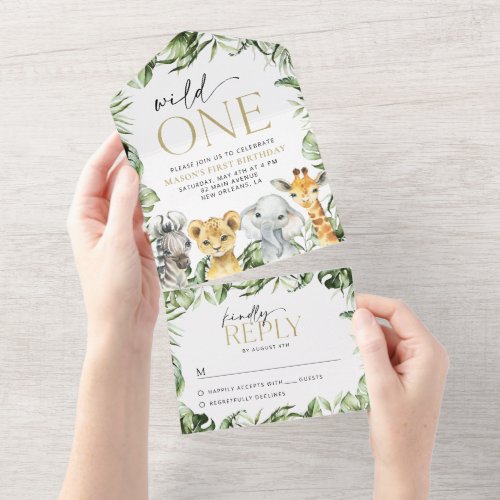 Jungle Animals Safari Wild One First Birthday All In One Invitation