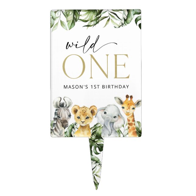 Jungle Animals, Safari, Wild One, First Birthday Cake Topper (Front)
