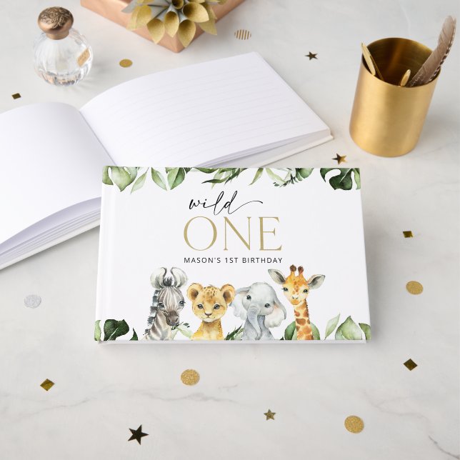 Jungle Animals, Safari, Wild One, First Birthday Guest Book (Front Open)