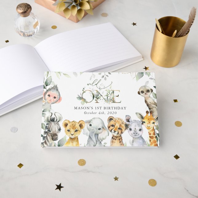 Jungle Animals, Safari, Wild One, First Birthday Guest Book (Front Open)