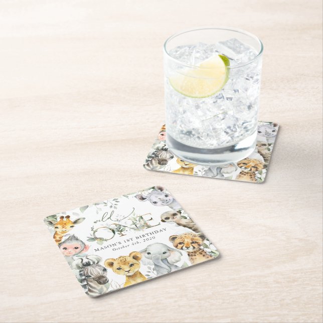 Jungle Animals, Safari, Wild One, First Birthday Square Paper Coaster (Insitu)