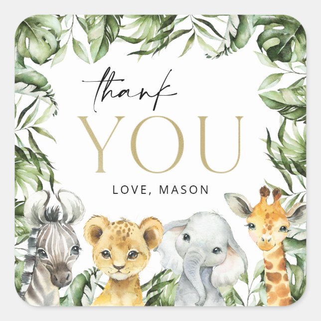 Jungle Animals, Safari, Wild One, First Birthday Square Sticker (Front)