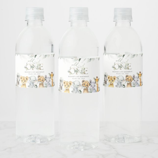 Jungle Animals, Safari, Wild One, First Birthday Water Bottle Label (Bottles)