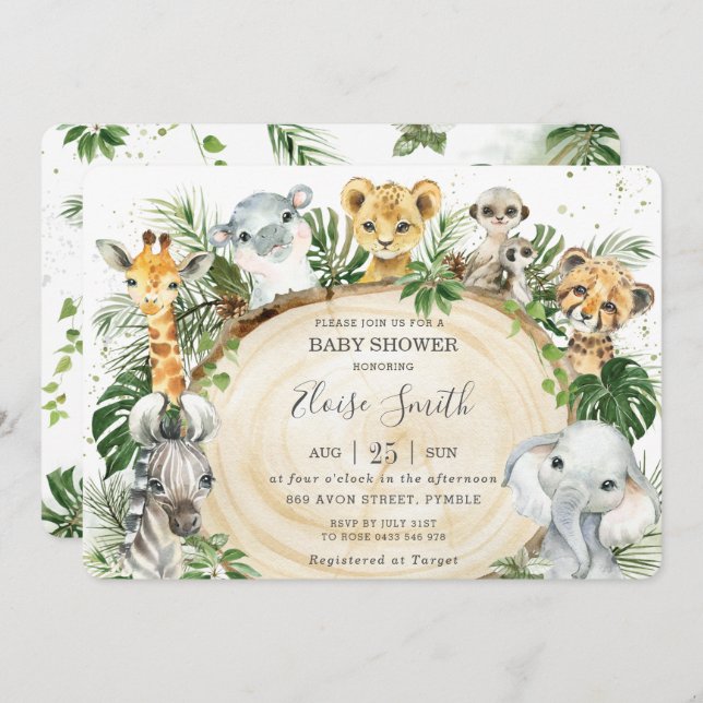 Jungle Animals Safari Wood Greenery Baby Shower In Invitation (Front/Back)