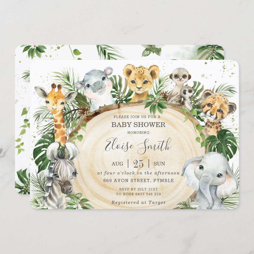 Jungle Animals Safari Wood Greenery Baby Shower In Invitation | Zazzle