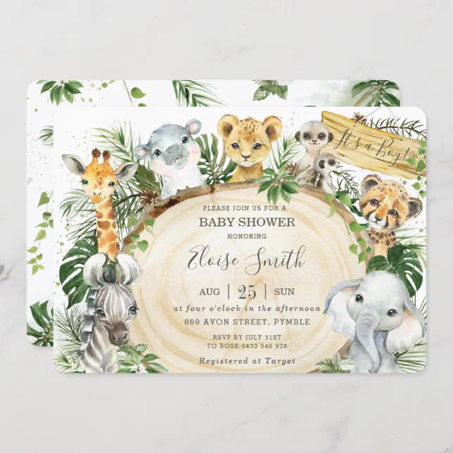 Jungle Animals Safari Wood Greenery Baby Shower Invitation | Zazzle