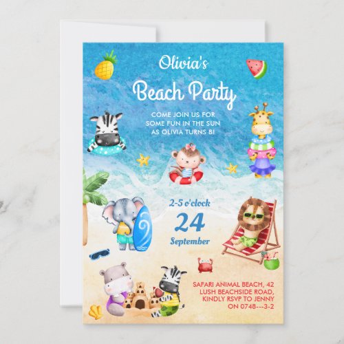 Jungle Animals Summer Beach Party Kids Birthday Invitation