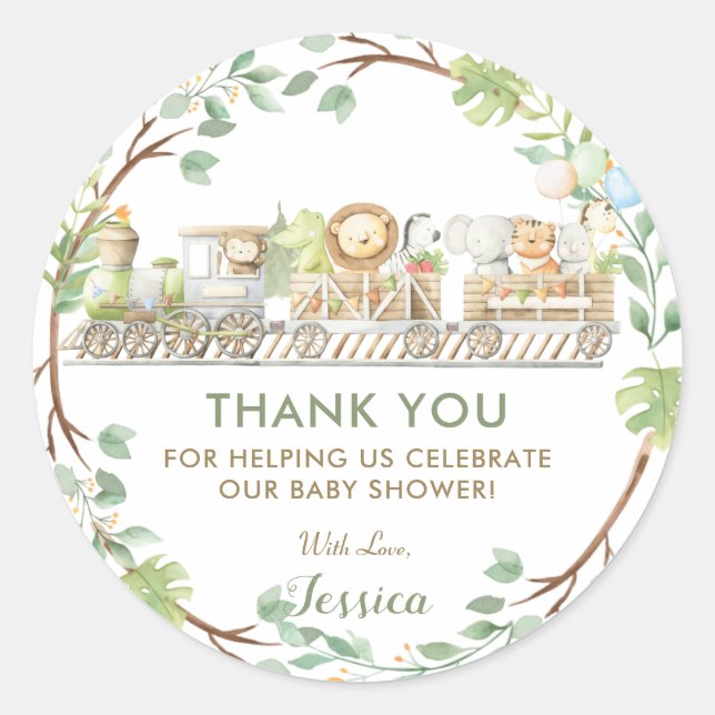 Jungle Animals Train Greenery Thank You Favor  Classic Round Sticker (Front)