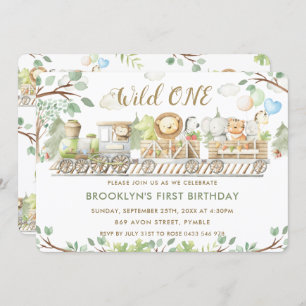 Jungle Animals Train Greenery Wild One Birthday Invitation