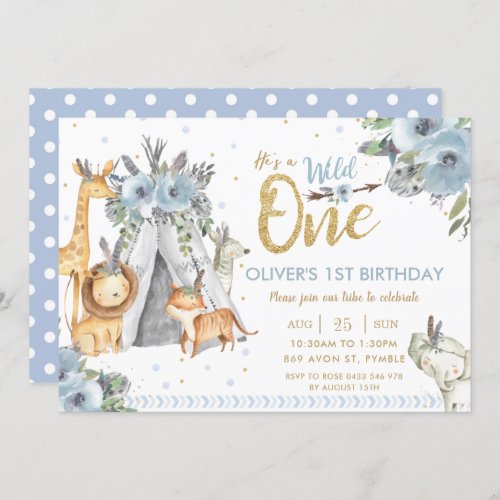 Jungle Animals Tribal Blue Wild One 1st Birthday Invitation