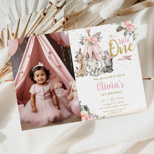 Jungle Animals Tribal Wild One 1st Birthday Photo Invitation