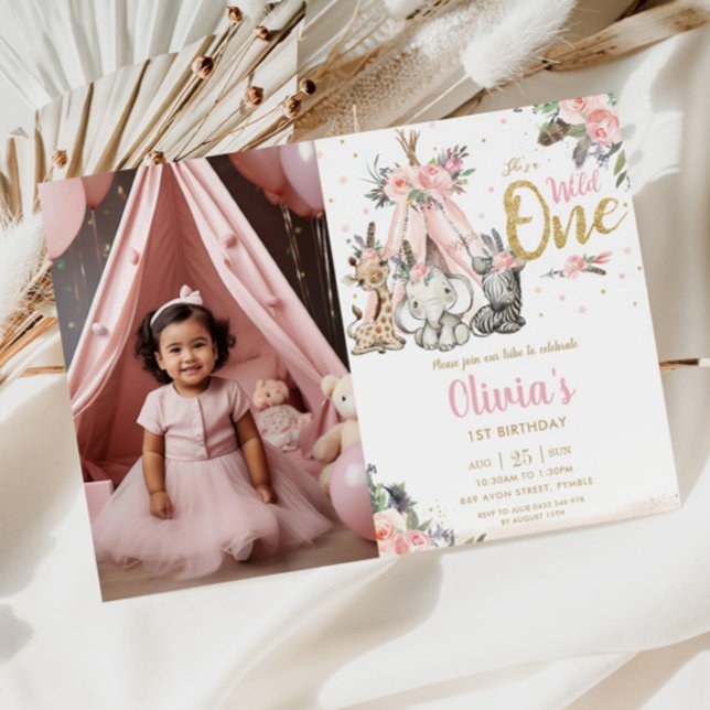 Jungle Animals Tribal Wild One 1st Birthday Photo Invitation (tribal boho pink teepee jungle animals elephant giraffe she's a wild one 1st birthday picture invite)