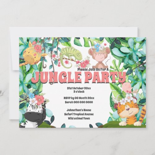 Jungle animals tropical flowers foliage kids invitation
